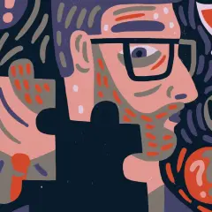 Abstrakt illustration av en person med glasögon, omgiven av frågetecken och utropstecken. En tumme upp syns också. En visuell representation av en social kompetens test.