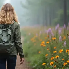 En kvinna med ryggsäck vandrar på en stig genom en blomsteräng. En symbol för livet efter utmattningssyndrom, där lugn och återhämtning blomstrar.
