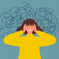 En person med händerna på tinningarna, omgiven av trassliga linjer som symboliserar stress och ångest.
