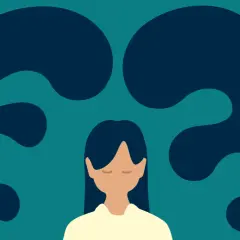 En person med slutna ögon omgiven av mörka, vågliknande former. Kan vara en illustration för ett paniksyndrom test.