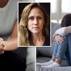 En kvinna med sammanflätade händer, en närbild av en kvinna med blå ögon och en ung person hopkrupen på en soffa, som visar tecken på ångest eller depression.