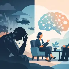 En man med mörka moln och helikoptrar bakom sig, som symboliserar trauma, sitter i samtal med en terapeut. Bilden visar vägen till ptsd behandling och läkning.