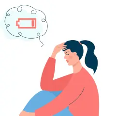 En kvinna med handen mot pannan, en tom batterisymbol i en tankebubbla. Ett tydligt tecken på inre stress symptom.