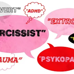 Tankar om "narcissism diagnos" och andra etiketter som "introvert", "ADHD", "extrovert", "PTSD", "trauma" och "psykopat" i pratbubblor.