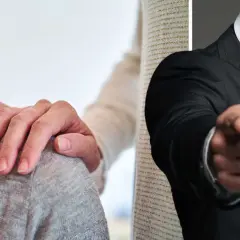 En hand vilar tröstande på en axel, medan en man i kostym pekar anklagande. En bild av att leva med en psykopat.
