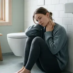 En ung kvinna sitter på badrumsgolvet, hopkrupen och med handen mot halsen. Hon ser nedstämd ut, ett tydligt anorexia symptom.