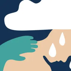 En hand håller en molnliknande form över en person som svettas. Kan symbolisera medicin mot OCD.