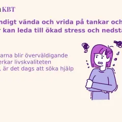 En person med armarna i kors och oroliga tankesnurror runt huvudet. Texten beskriver hur tankar kan leda till social ångest och nedstämdhet.