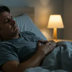 En man ligger orolig i sängen, med händerna på magen. Han ser ut att ha svårt att sova, kanske för att kan man må illa av stress.