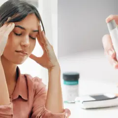 En kvinna med huvudvärk, en blodsockermätare och en burk medicin. Kanske en berättelse om ångest av socker.