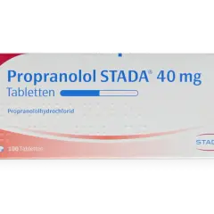 En kartong med Propranolol STADA 40 mg tabletter, en betablockerare. Innehåller 100 tabletter.