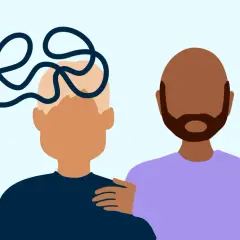 En person med trassliga tankar får stöd av en annan. En illustration som visar hur det kan vara att leva med en deprimerad partner.