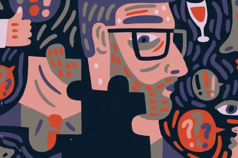 Abstrakt illustration av en person med glasögon, omgiven av frågetecken och utropstecken. En tumme upp syns också. En visuell representation av en social kompetens test.