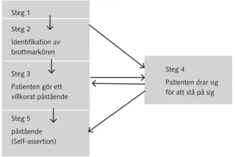 Flödesschema visar steg för patientens självhävdelse, med fokus på dynamik mellan personer.