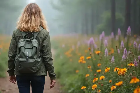 En kvinna med ryggsäck vandrar på en stig genom en blomsteräng. En symbol för livet efter utmattningssyndrom, där lugn och återhämtning blomstrar.