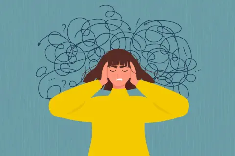 En person med händerna på tinningarna, omgiven av trassliga linjer som symboliserar stress och ångest.