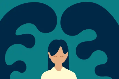 En person med slutna ögon omgiven av mörka, vågliknande former. Kan vara en illustration för ett paniksyndrom test.