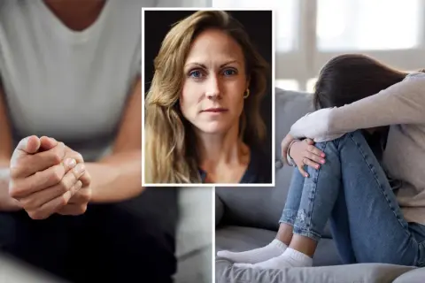 En kvinna med sammanflätade händer, en närbild av en kvinna med blå ögon och en ung person hopkrupen på en soffa, som visar tecken på ångest eller depression.