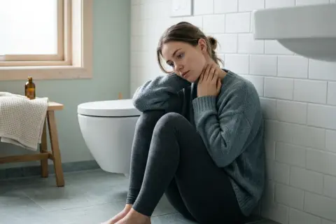 En ung kvinna sitter på badrumsgolvet, hopkrupen och med handen mot halsen. Hon ser nedstämd ut, ett tydligt anorexia symptom.