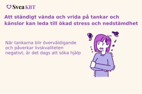 En person med armarna i kors och oroliga tankesnurror runt huvudet. Texten beskriver hur tankar kan leda till social ångest och nedstämdhet.