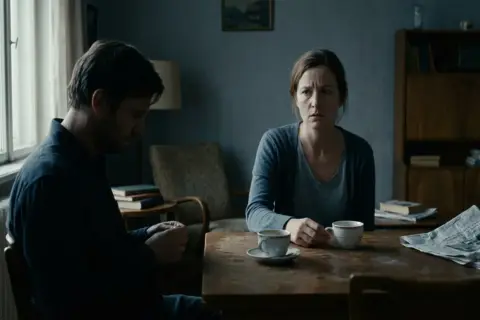 En kvinna och en man sitter vid ett bord med kaffe. Mannen tittar ner, kvinnan ser orolig ut. En känsla av triangulering och narcissism hänger i luften.