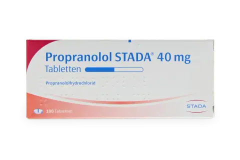 En kartong med Propranolol STADA 40 mg tabletter, en betablockerare. Innehåller 100 tabletter.