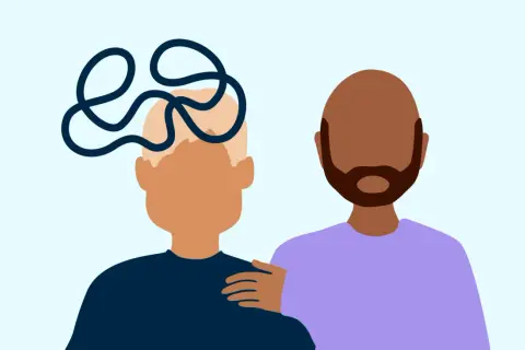 En person med trassliga tankar får stöd av en annan. En illustration som visar hur det kan vara att leva med en deprimerad partner.
