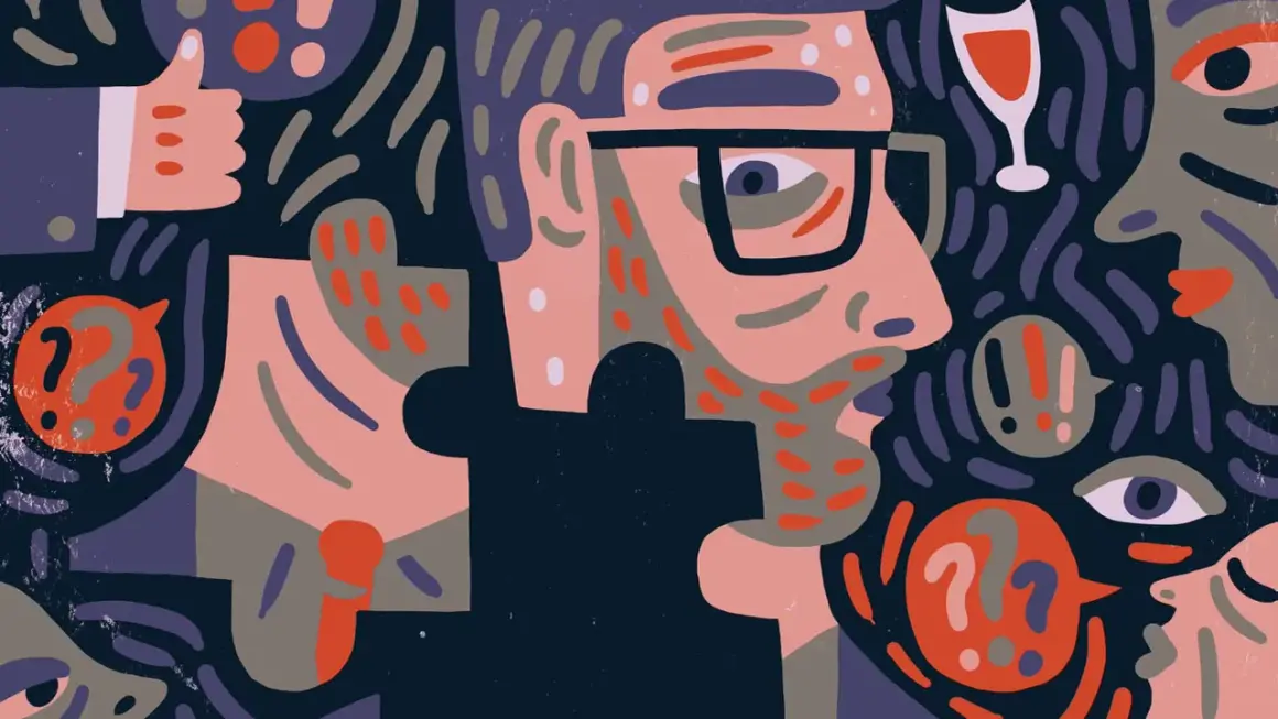 Abstrakt illustration av en person med glasögon, omgiven av frågetecken och utropstecken. En tumme upp syns också. En visuell representation av en social kompetens test.