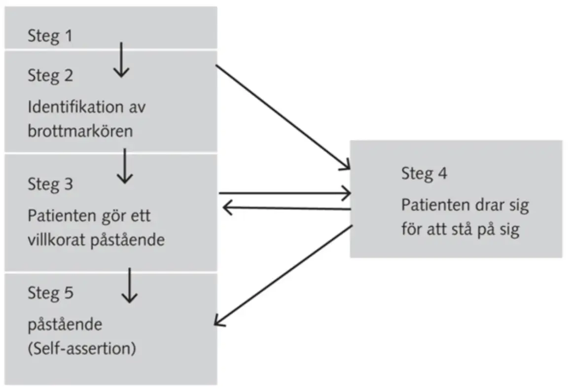 Flödesschema visar steg för patientens självhävdelse, med fokus på dynamik mellan personer.