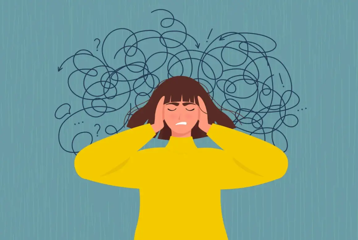 En person med händerna på tinningarna, omgiven av trassliga linjer som symboliserar stress och ångest.
