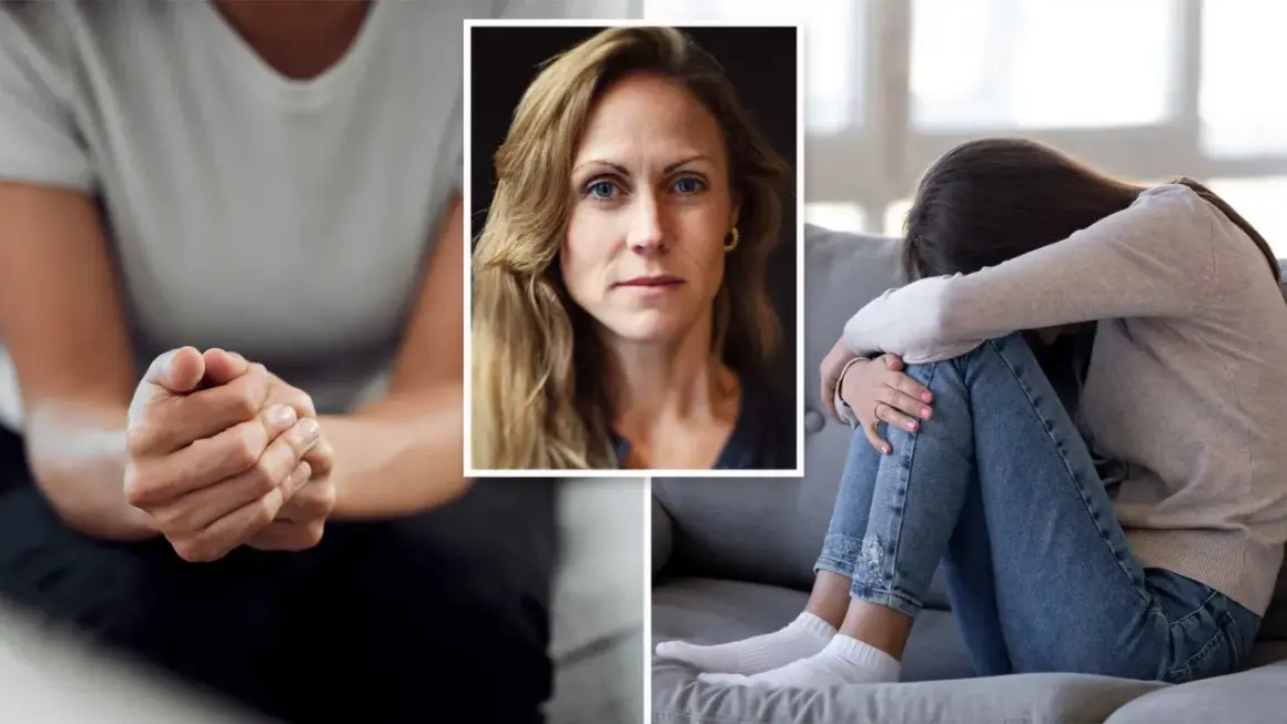 En kvinna med sammanflätade händer, en närbild av en kvinna med blå ögon och en ung person hopkrupen på en soffa, som visar tecken på ångest eller depression.