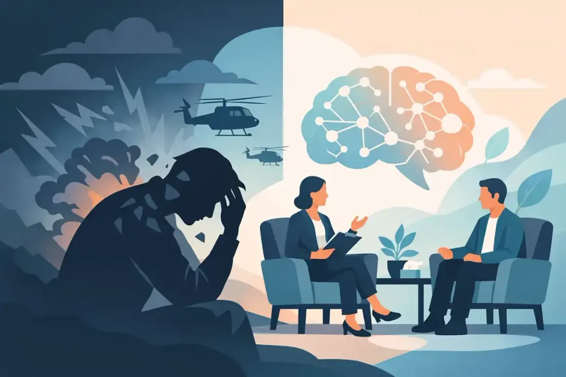 En man med mörka moln och helikoptrar bakom sig, som symboliserar trauma, sitter i samtal med en terapeut. Bilden visar vägen till ptsd behandling och läkning.