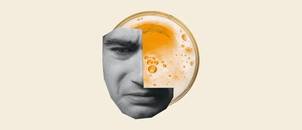 Ansiktet delas av ett glas öl, en visuell representation av permanenta skador av alkohol som påverkar både kropp och sinne.