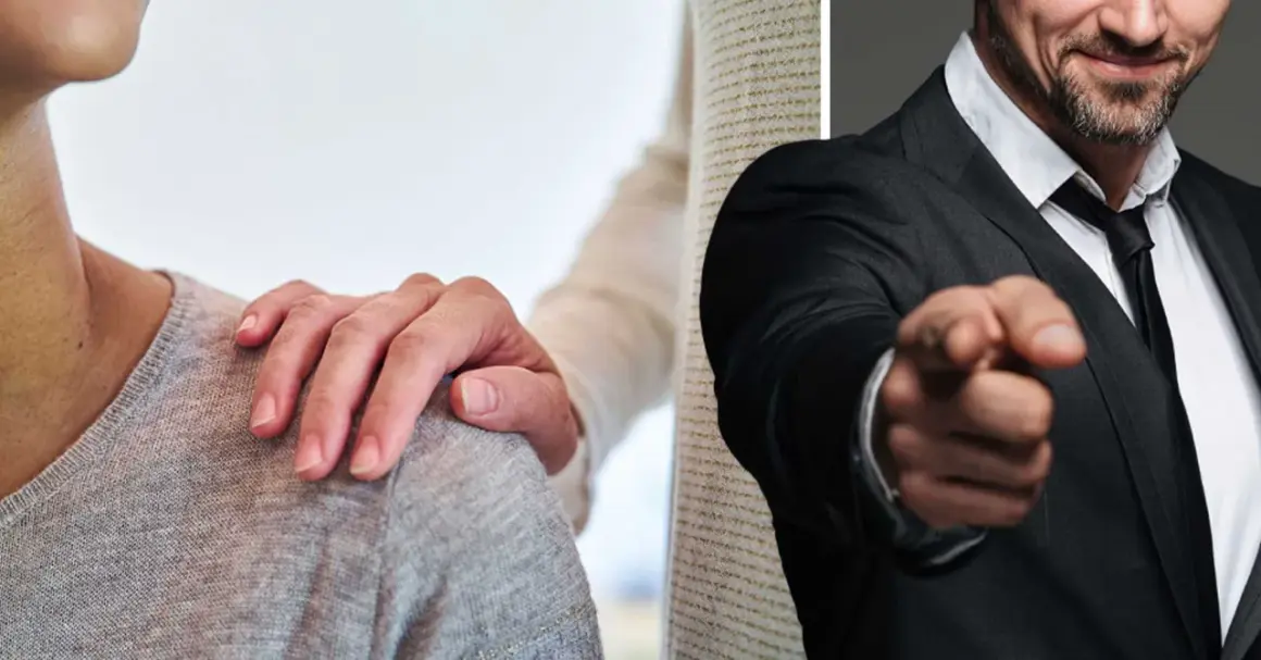 En hand vilar tröstande på en axel, medan en man i kostym pekar anklagande. En bild av att leva med en psykopat.