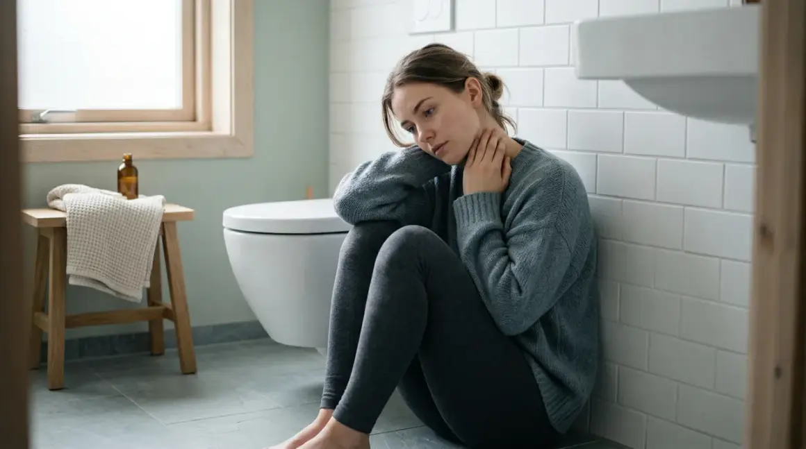En ung kvinna sitter på badrumsgolvet, hopkrupen och med handen mot halsen. Hon ser nedstämd ut, ett tydligt anorexia symptom.