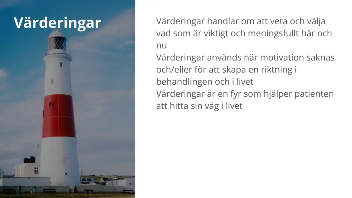 Fyren symboliserar värderingar, som vägleder vid act terapi. De hjälper till att hitta mening och riktning i livet.