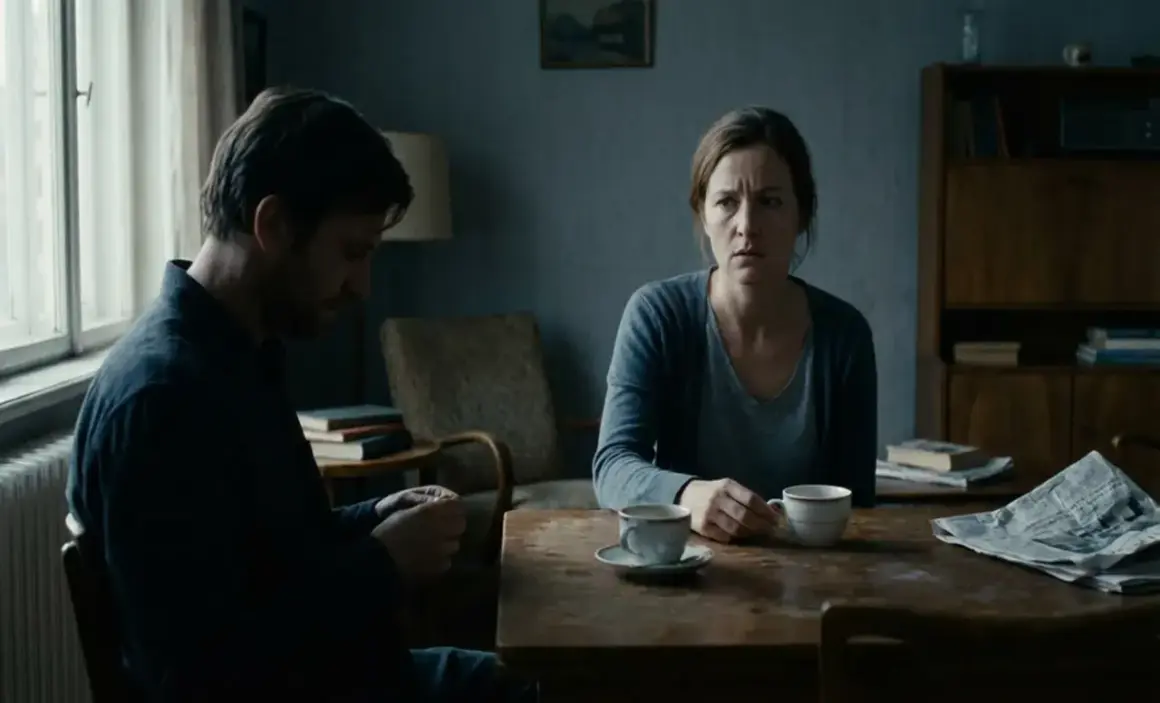 En kvinna och en man sitter vid ett bord med kaffe. Mannen tittar ner, kvinnan ser orolig ut. En känsla av triangulering och narcissism hänger i luften.