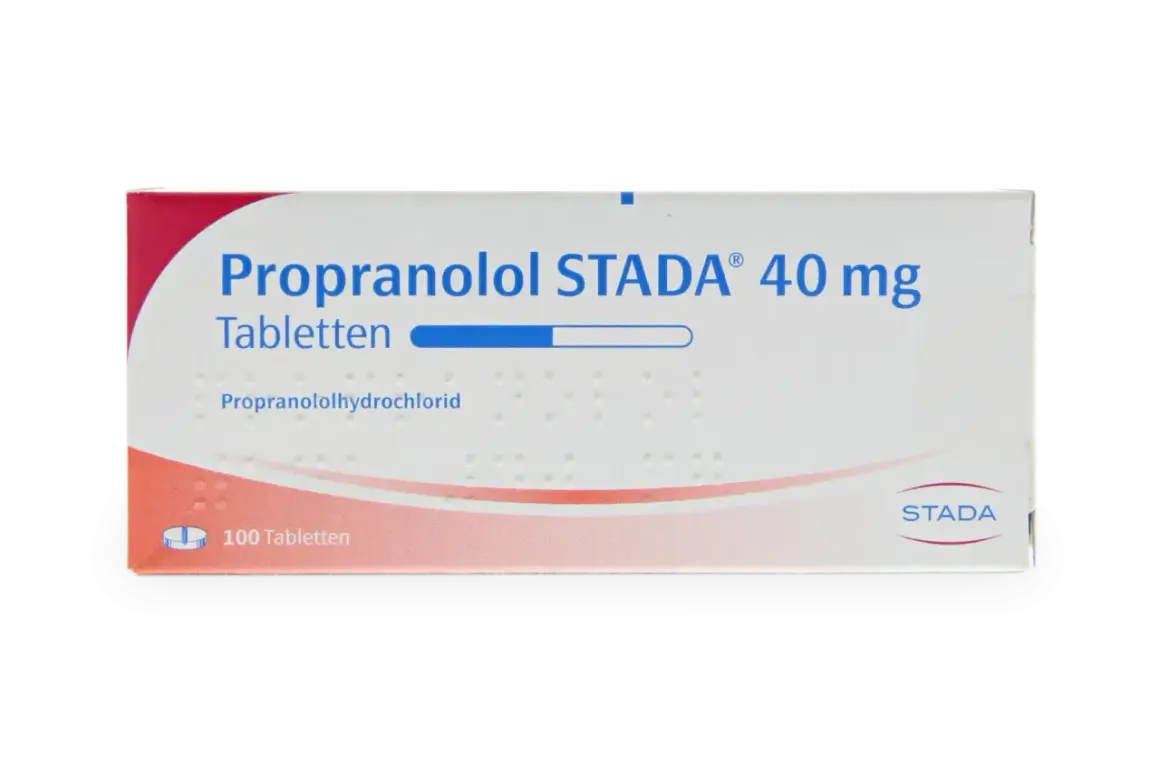 En kartong med Propranolol STADA 40 mg tabletter, en betablockerare. Innehåller 100 tabletter.