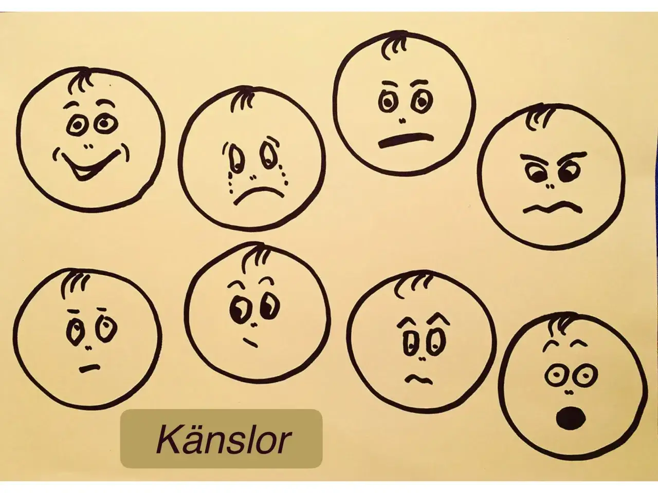 Teckningar av åtta ansikten som visar olika känslor. Ett ansikte ler brett, ett gråter, ett annat ser argt ut. Det är som en guide för hur så pratar en psykopat, med varierande uttryck.