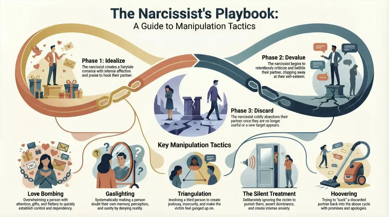 En guide till en narcissistisk mans manipulationstaktiker: idealisering, devalvering, bortkastning, gaslighting, triangulering, tystnad och