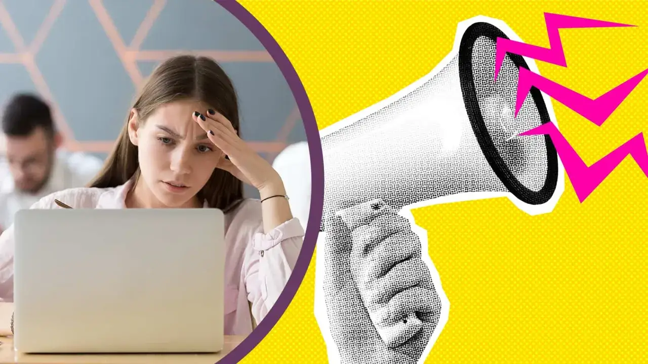 Utmattad kvinna vid datorn, redo att byta jobb efter utmattning. En megafon symboliserar att hon vill höras.