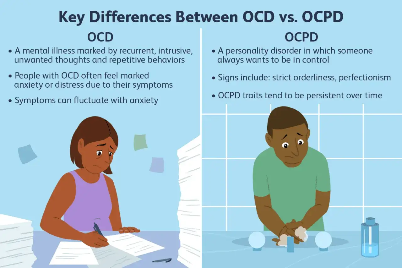 Illustration visar skillnader mellan OCD och OCPD. En kvinna med h&ouml;g pappersh&ouml;g k&auml;mpar med ananke OCD. En man tv&auml;ttar h&auml;nderna &ouml;verdrivet.
