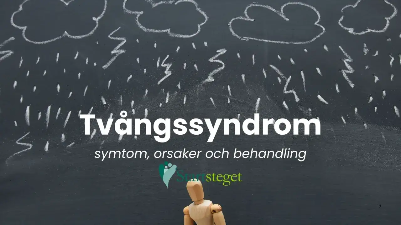 En tr&auml;figur sitter under en kritad &aring;skstorm, symboliserande tv&aring;ngssyndrom. Texten 
