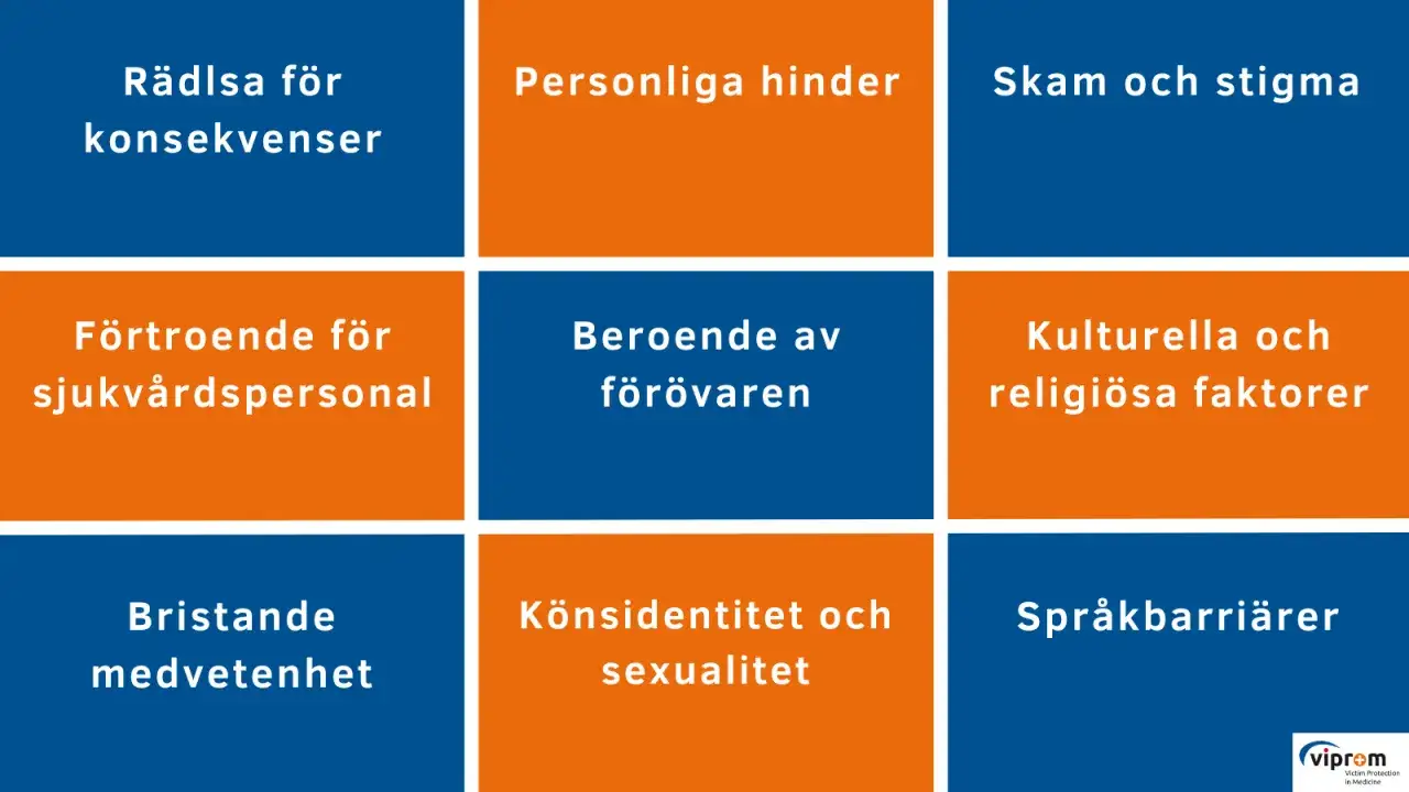 Nio rutor med text om hinder f&ouml;r att s&ouml;ka hj&auml;lp, som r&auml;dsla, skam, beroende och spr&aring;kbarri&auml;rer. Det kan vara sv&aring;rt att prata.