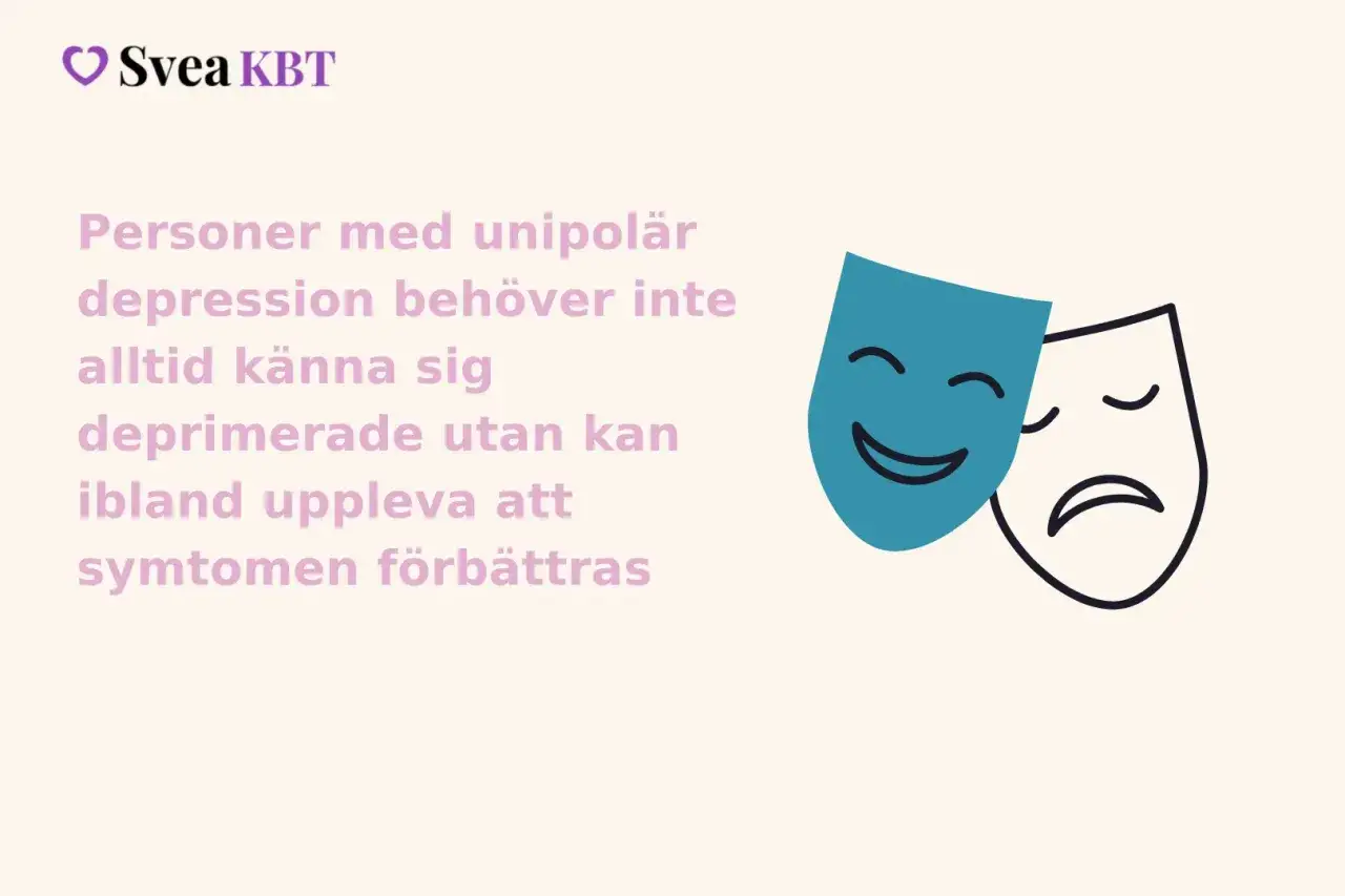 Två teatermasker, en glad och en ledsen, symboliserar att personer med depression kan uppleva maniskt beteende och symtomförbättring.