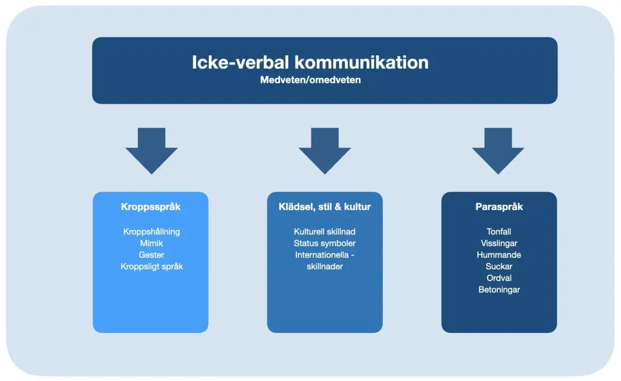 Diagram visar icke-verbal kommunikation, uppdelad i kroppsspr&aring;k, kl&auml;dsel/stil/kultur och paraspr&aring;k. Dessa element p&aring;verkar dynamik mellan personer.