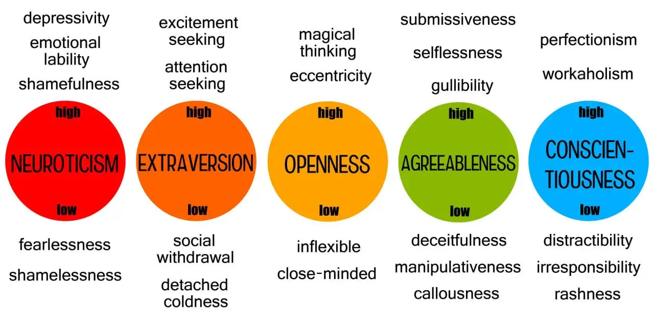 Diagrammet visar personlighetsdrag som neuroticism, extraversion, öppenhet, vänlighet och samvetsgrannhet. Kan användas som en del av ett psykopat test.