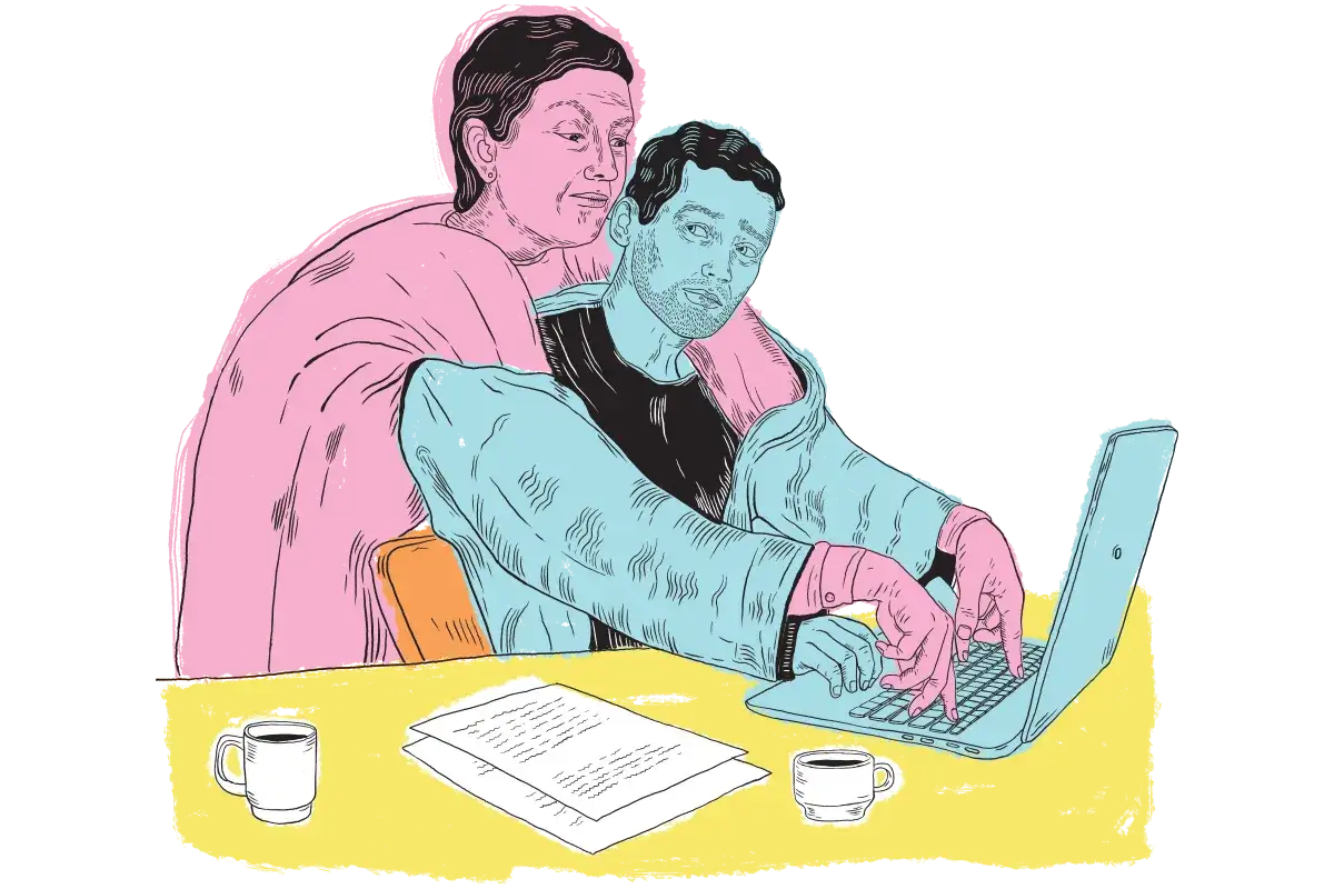En man arbetar vid en laptop, med en kvinna bakom sig som en kontrollerande partner. Kaffe och papper ligger p&aring; bordet.
