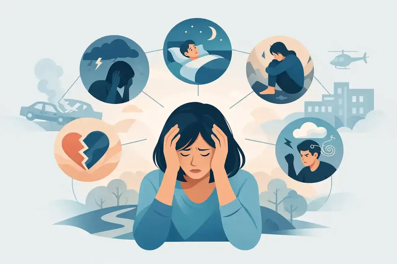 En kvinna med händerna på huvudet, omgiven av symboler för trauman som bilolycka, sömnlöshet, sorg och ilska. Bilden illustrerar effekterna av obehandlad PTSD.