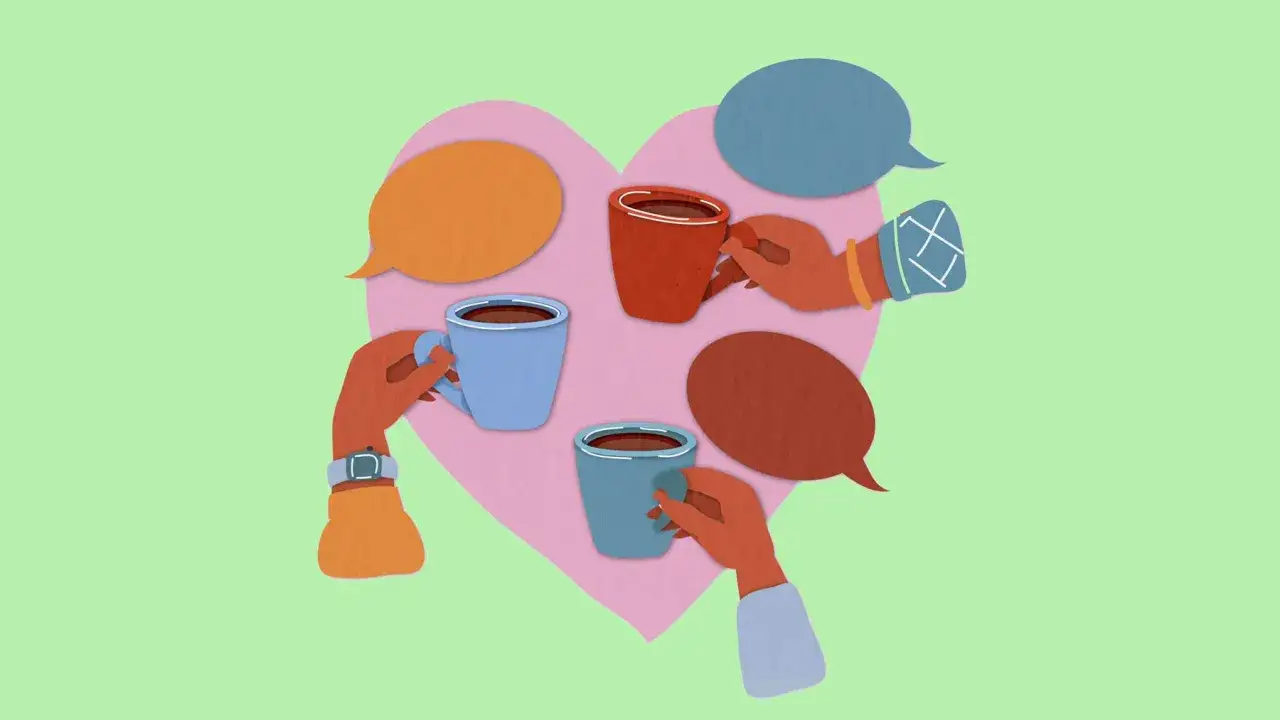 Händer som håller kaffekoppar och pratbubblor runt ett hjärta. En illustration som visar vikten av social kompetens.